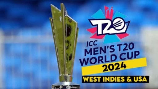 ICC Men's T20 World Cup 2024 trophy, logo displayed.