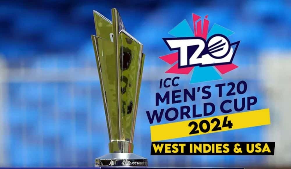 ICC Men's T20 World Cup 2024 trophy, logo displayed.