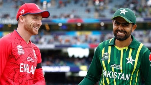 England and Pakistan cricket captains smiling at match.