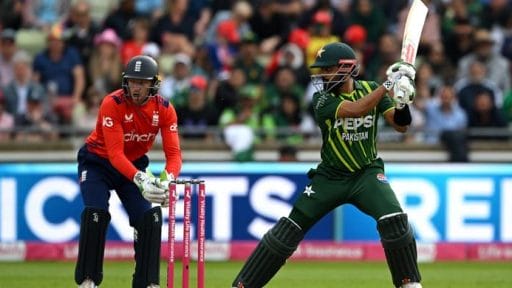 Pakistani batsman hitting ball in cricket match against England.