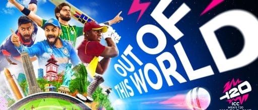 ICC Men's T20 World Cup promotional poster with players.