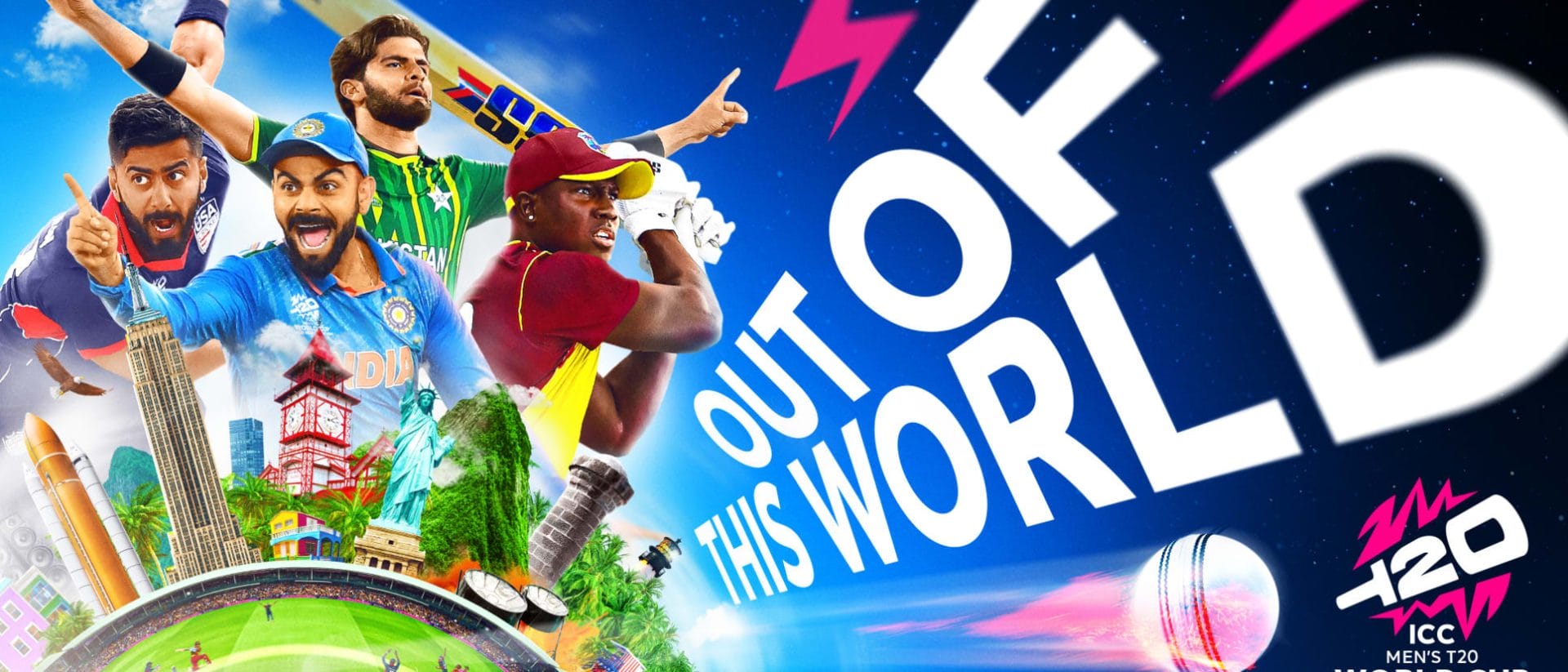 ICC Men's T20 World Cup promotional poster with players.