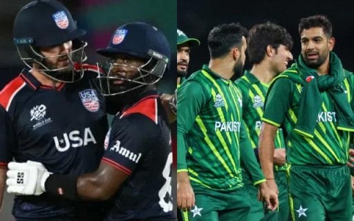 USA and Pakistan cricket teams in discussion on field.