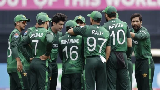 Pakistani cricket team huddling during an international match.