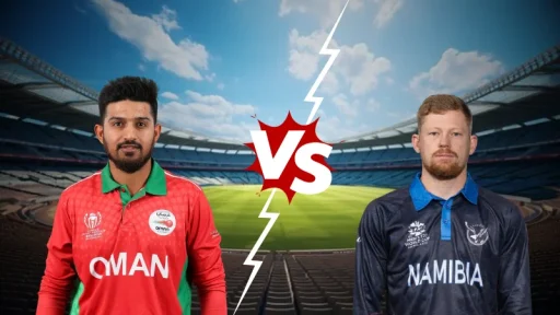 Oman vs Namibia cricket match graphic with players.