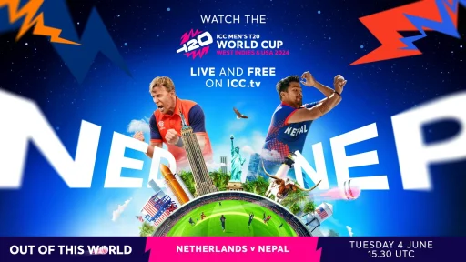 2024 ICC T20 World Cup, Netherlands vs Nepal match banner.