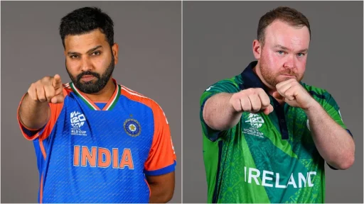 Indian and Irish cricketers pointing at camera confidently.