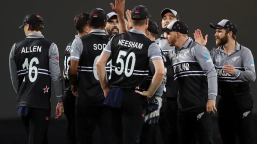 New Zealand cricket team celebrating during a match.