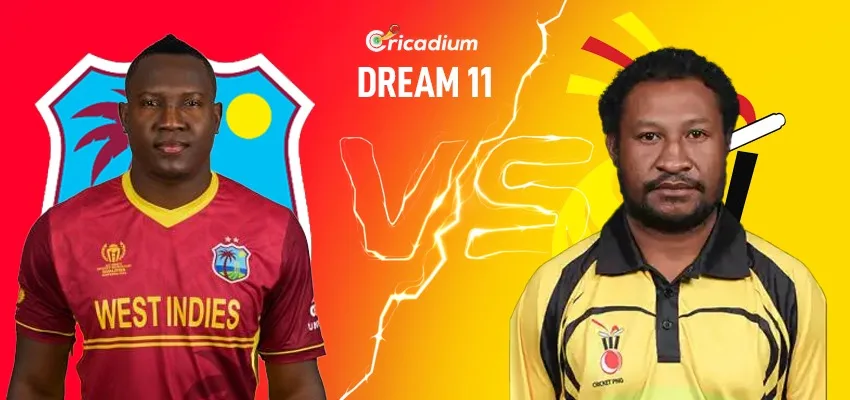 West Indies cricketer versus PNG player promotional graphic.