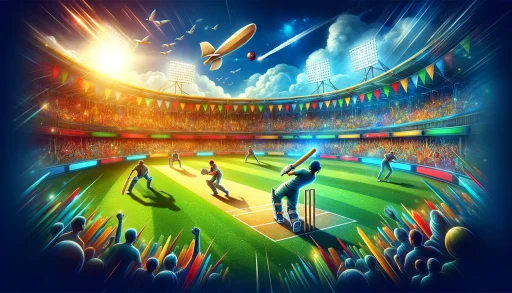 Vibrant cricket stadium scene during a night match.