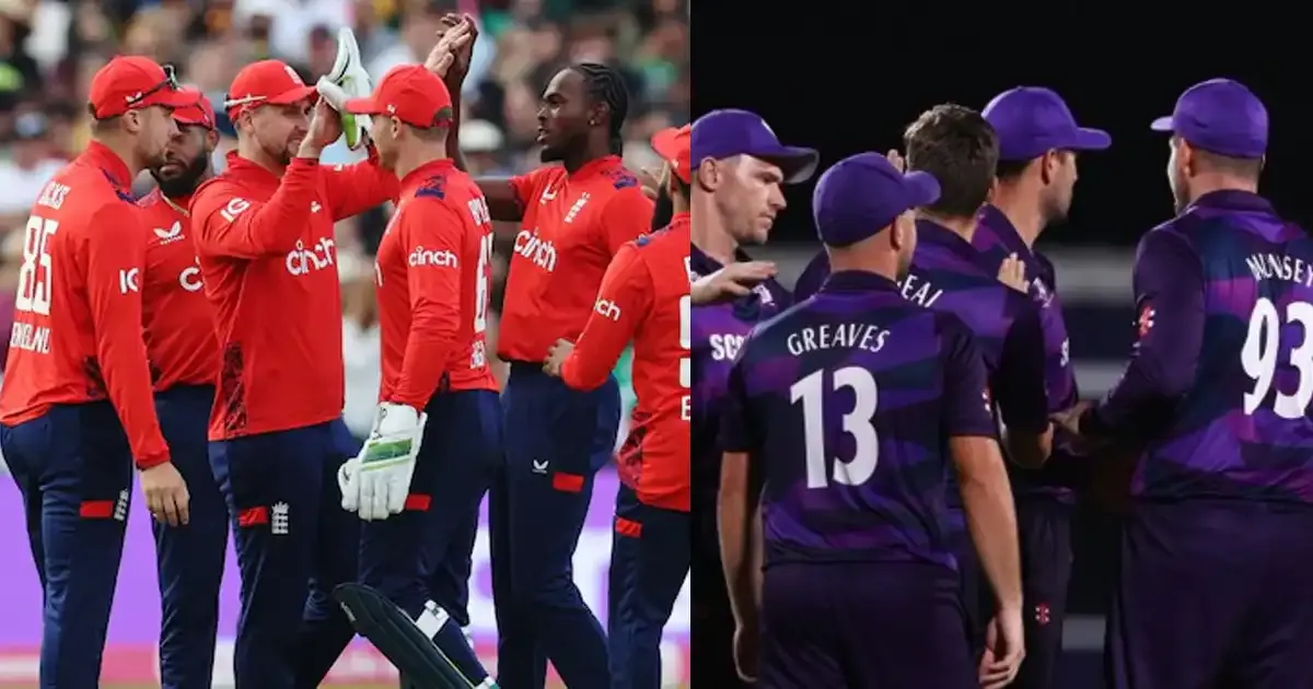 Cricket teams celebrating, red and purple uniforms.