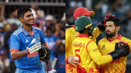 Indian cricketer smiles; Zimbabwean players celebrate in game.
