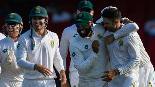 South African cricketers celebrating a victory on field