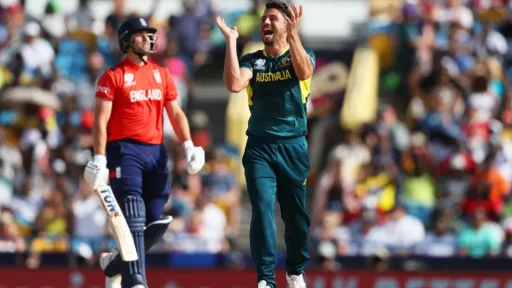 Australian cricketer celebrating, English opponent disappointed