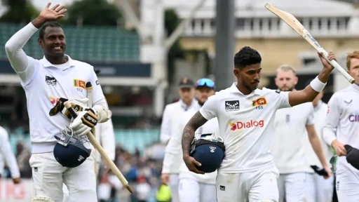 Two cricket players celebrating a victory on the field.