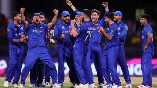 Afghanistan cricket team celebrating victory on field