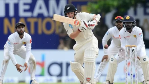 Cricketer batting during international match against fielding team