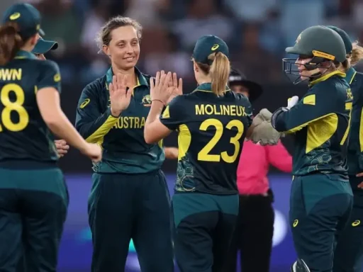 Australian women's cricket team celebrating during a match