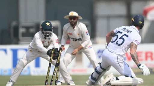 Cricketers in action during a test match