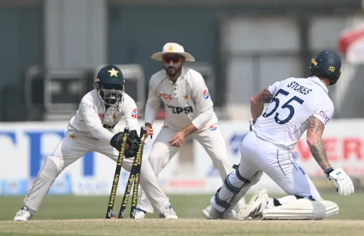 Cricketers in action during a test match