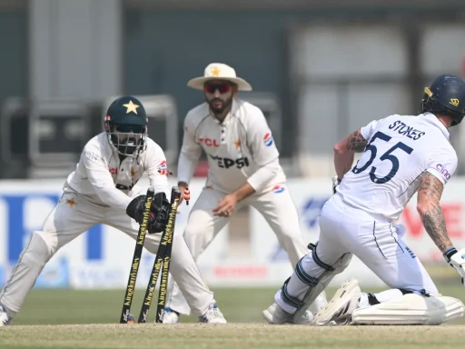 Cricketers in action during a test match