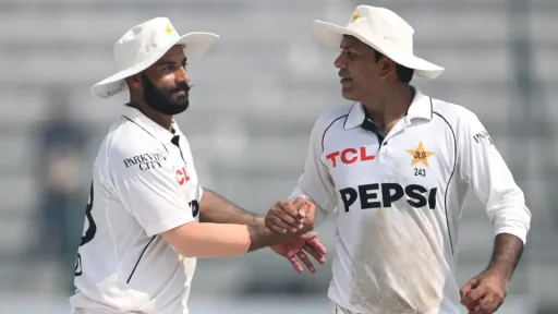 Two cricketers shaking hands on the field