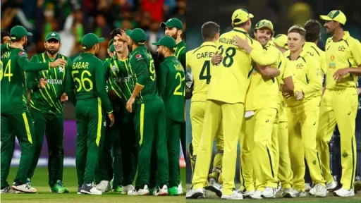 Pakistan and Australia cricket teams celebrating on field