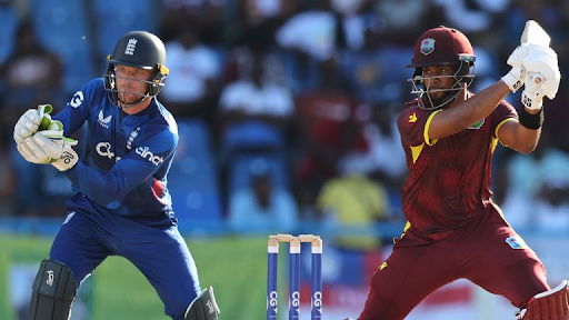 Cricketers playing during an international match