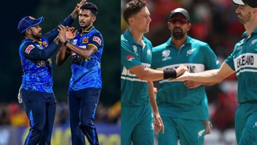 Sri Lankan cricketers high-five; Irish players shake hands.