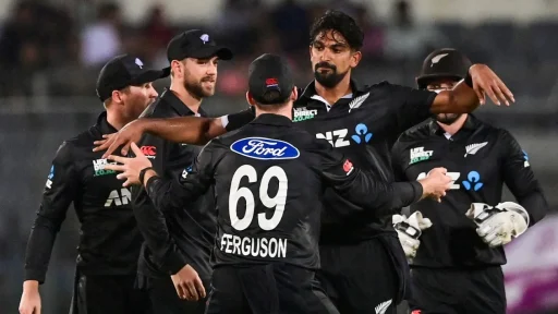 Cricket team celebrating a victory at night