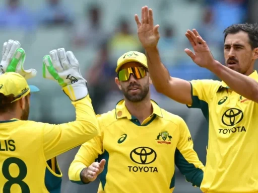 Australian cricketers celebrating during a match