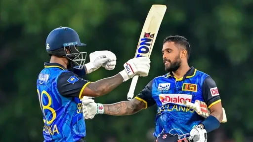 Sri Lankan cricketers celebrate scoring during a match.