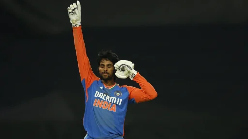 Indian cricketer celebrates victory at night match