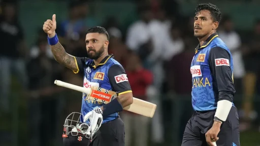 Cricket players celebrating during a night match