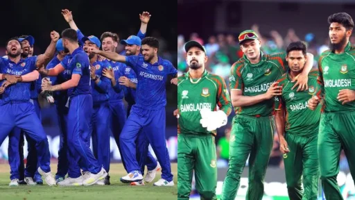 Afghanistan cricket team celebrates, Bangladesh team looks dejected.