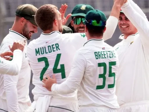 South African cricket team celebrating on field