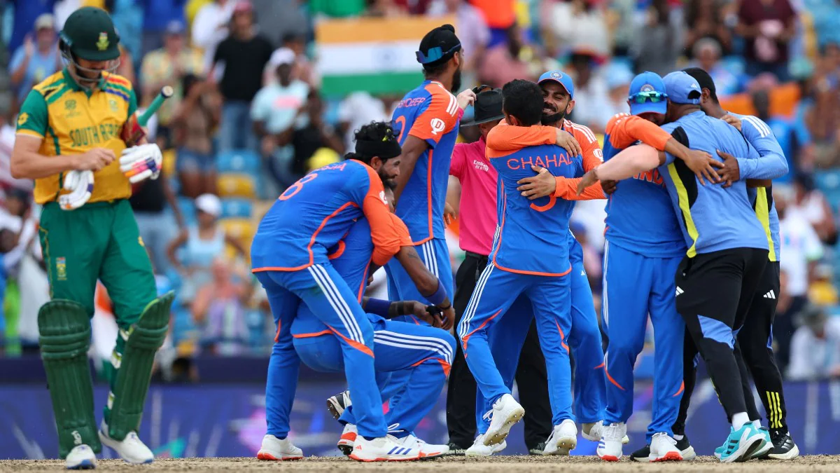 Indian cricket team celebrating, South African player walks away