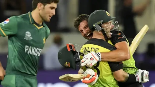 Cricket players celebrating victory, opponent looks on