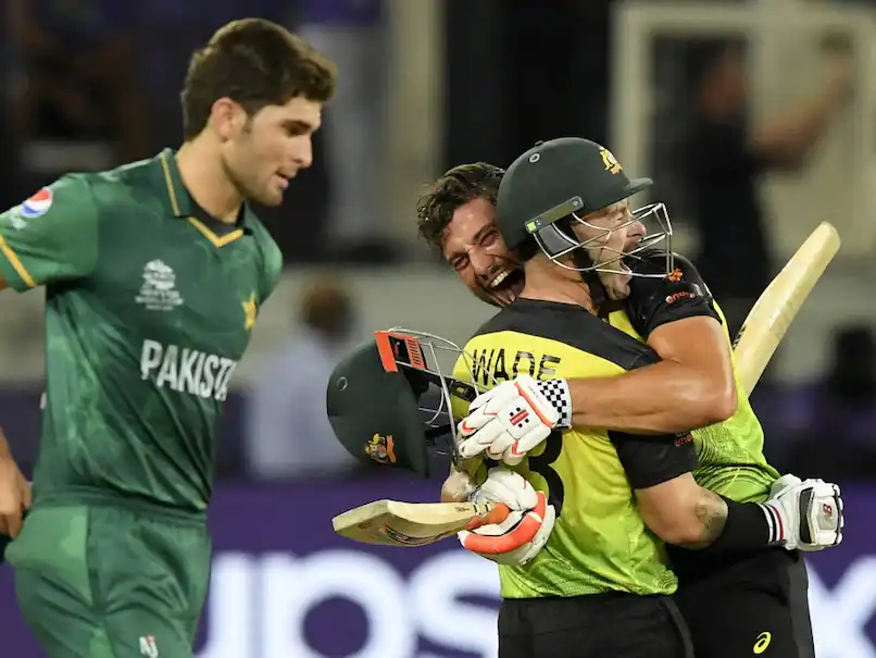 Cricket players celebrating victory, opponent looks on