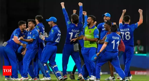 Afghanistan cricket team celebrating victory at night