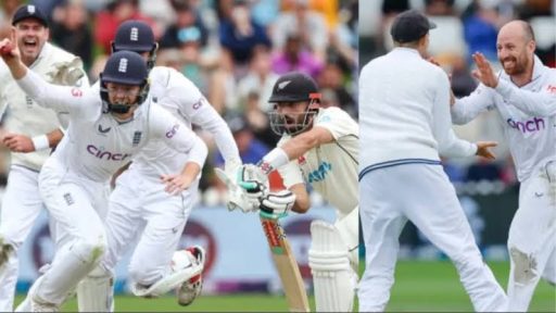 Cricket players in intense match moment