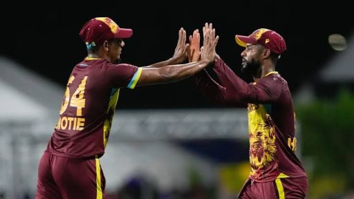 Two cricketers high-fiving during night match