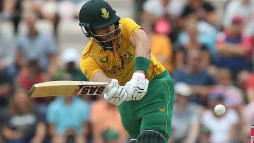 South African cricketer hitting ball during match