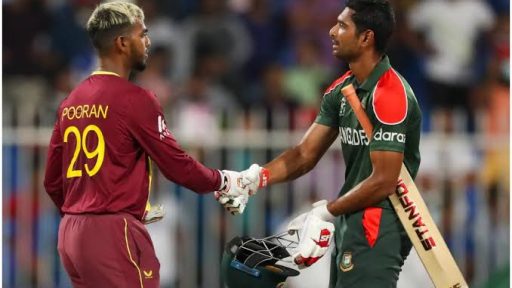 Cricket players shake hands during match