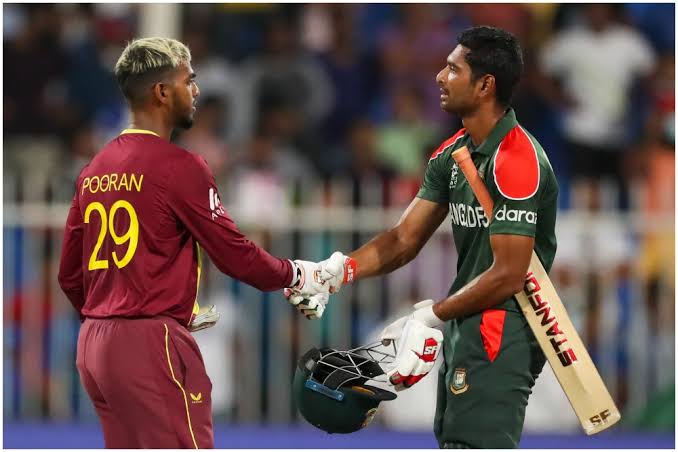 Cricket players shake hands during match