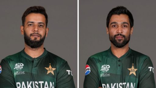 Two Pakistani cricketers in World Cup uniforms