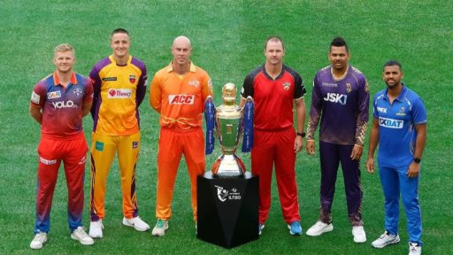 Six cricket captains posing with trophy on field