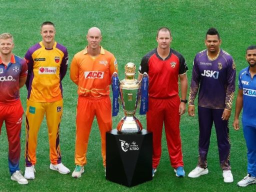 Six cricket captains posing with trophy on field