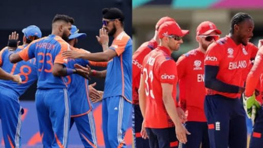 Indian and English cricket teams celebrating on field