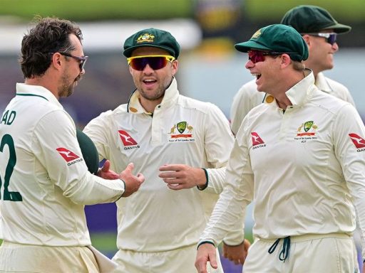 Australian cricketers celebrating on the field